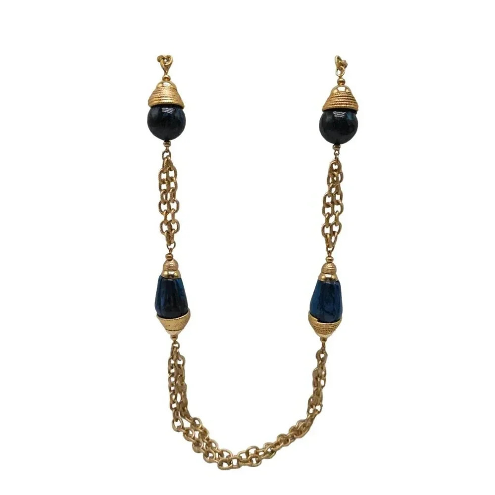 Runway Couture Blue Black Acrylic Bead Metal Chain Necklace Gold Tone Vintage